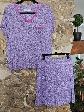 Purple Floral Two-Piece PJ Set with Pink Trim